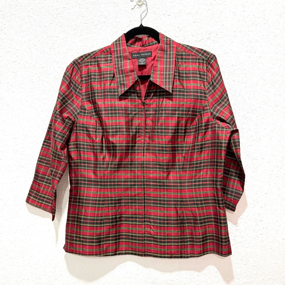 Anne Carson Red 100% Silk tartan plaid Garment M